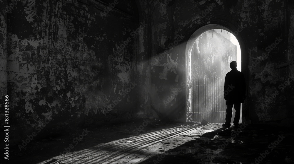 A man stands in a dark room, the silhouette of an old wall with a door behind him A man stands in a dark room, the silhouette of an old wall with a door behind him