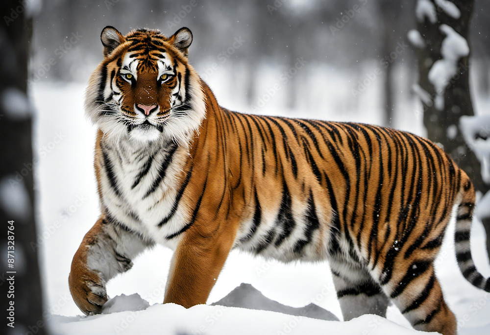 Naklejka premium Amur tiger gently walks on snow. wildlife photography concept.