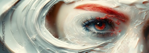 Closeup of Eye with Red Eyebrow and Creative Makeup Surreal Beauty and Cosmetic Art