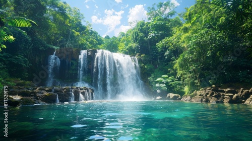 majestic waterfall cascading down into a crystal clear pool surrounded by lush, green vegetation in the heart of the rainforest Generative AI