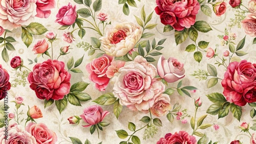 Delicate pink and red roses arranged in a intricate floral pattern on a soft, creamy white textured background.