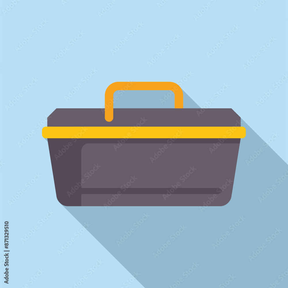 Grey plastic toolbox with a yellow handle for storing and transporting tools Grey plastic toolbox with a yellow handle for storing and transporting tools