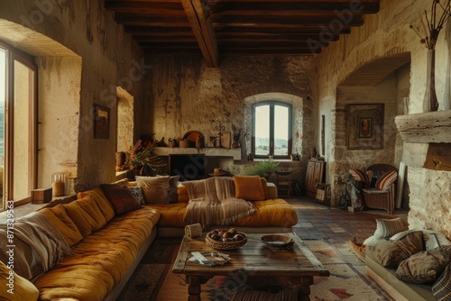 Interior of an old rustic room with yellow sofa and fireplace