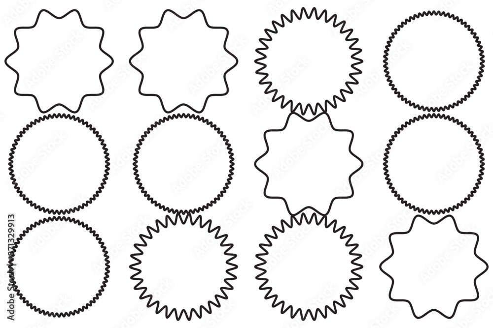 Starburst thin line sticker vector icon, outline star round border, circle sale badge set, price tag. Simple illustration isolated on white background Starburst thin line sticker vector icon, outline star round border, circle sale badge set, price tag. Simple illustration isolated on white background