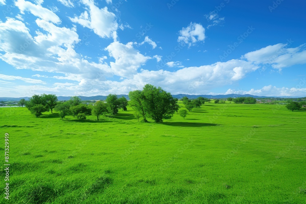 Expansive Green Field with Blue Skies and Scattered Trees Expansive Green Field with Blue Skies and Scattered Trees