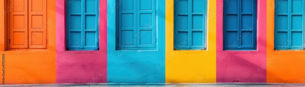 Colorful facade of a building with vibrant painted walls and windows. Bright exterior design for backgrounds or urban art concepts. Colorful facade of a building with vibrant painted walls and windows. Bright exterior design for backgrounds or urban art concepts.