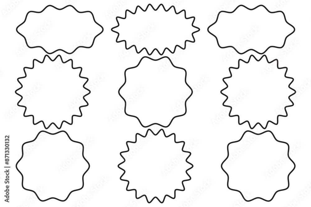 Starburst thin line sticker vector icon, outline star round border, circle sale badge set, price tag. Simple illustration isolated on white background Starburst thin line sticker vector icon, outline star round border, circle sale badge set, price tag. Simple illustration isolated on white background