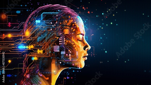 Abstract artwork of human head silhouette with circuit board design