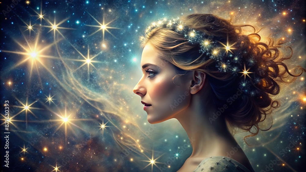 Celestial backdrop of twinkling stars and celestial bodies framed by a delicate, ethereal silhouette of a feminine profile, exuding mystique. Celestial backdrop of twinkling stars and celestial bodies framed by a delicate, ethereal silhouette of a feminine profile, exuding mystique.