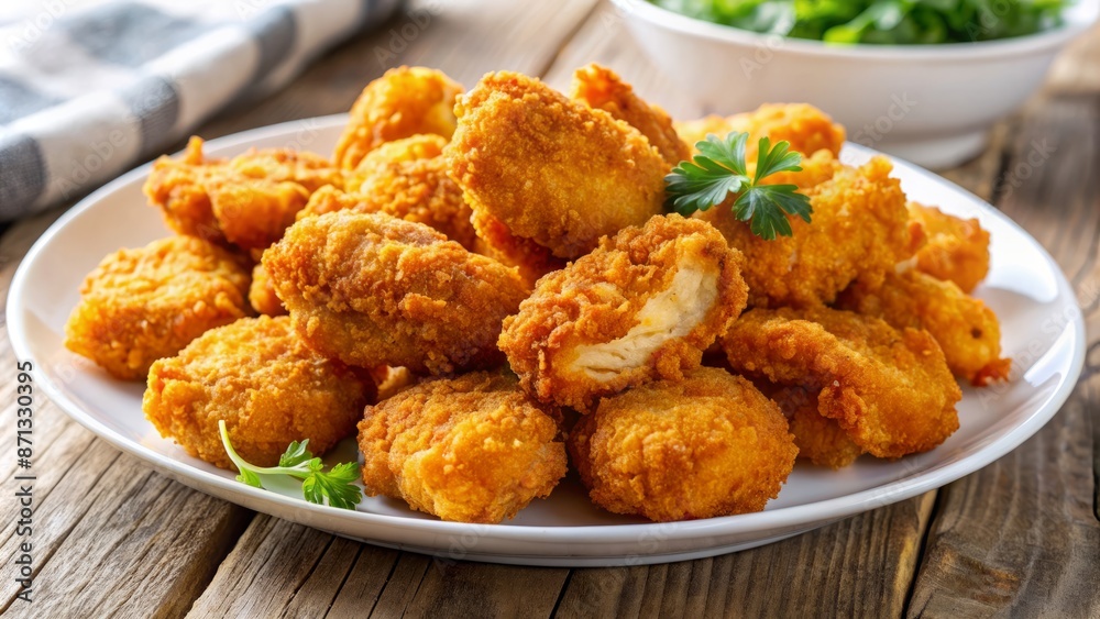 Golden brown fried chicken nuggets, crispy on the outside and juicy on the inside, served on a pristine white plate. Golden brown fried chicken nuggets, crispy on the outside and juicy on the inside, served on a pristine white plate.