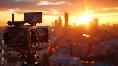 High-end camera setup for capturing the golden hour with perfect lighting, focusing on a stunning sunset over an urban cityscape, producing a film-like scene with professional gear