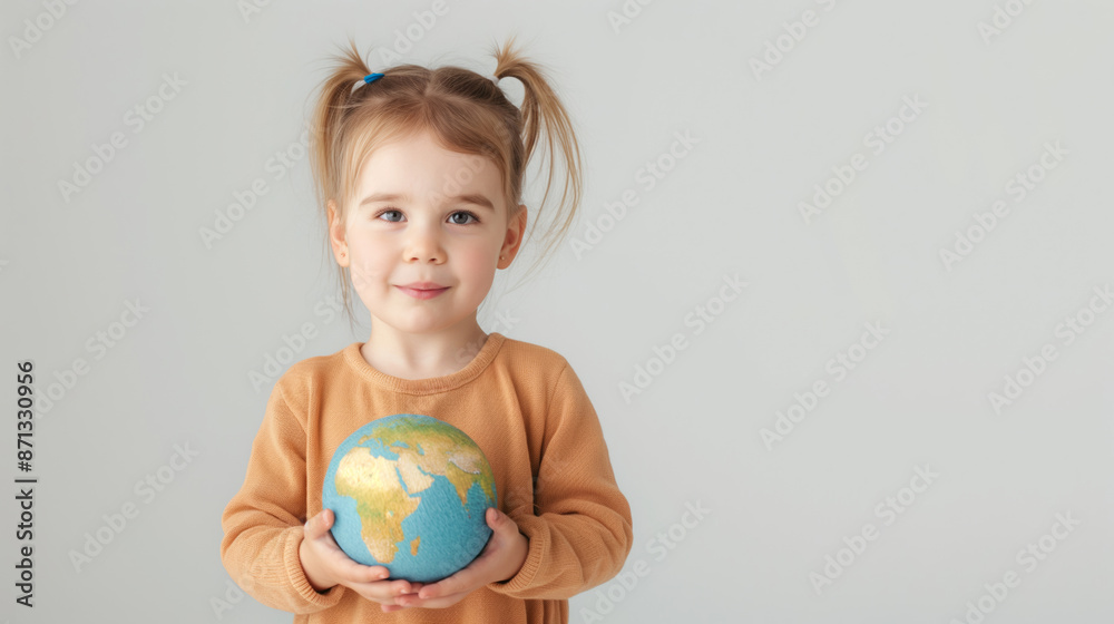 Young girl holding globe in front of white background. Young girl holding globe in front of white background.
