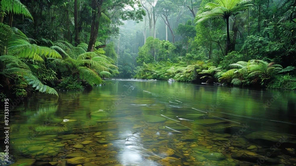 tranquil river flowing through the heart of the rainforest, reflecting the lush greenery and vibrant colors of the surrounding foliage Generative AI tranquil river flowing through the heart of the rainforest, reflecting the lush greenery and vibrant colors of the surrounding foliage Generative AI