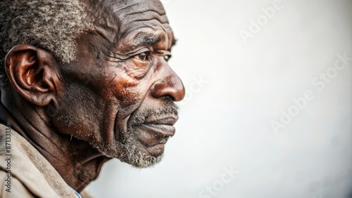 Isolated stark white background featuring a worn, weathered, and weary elderly African homeless man's haunting side profile.