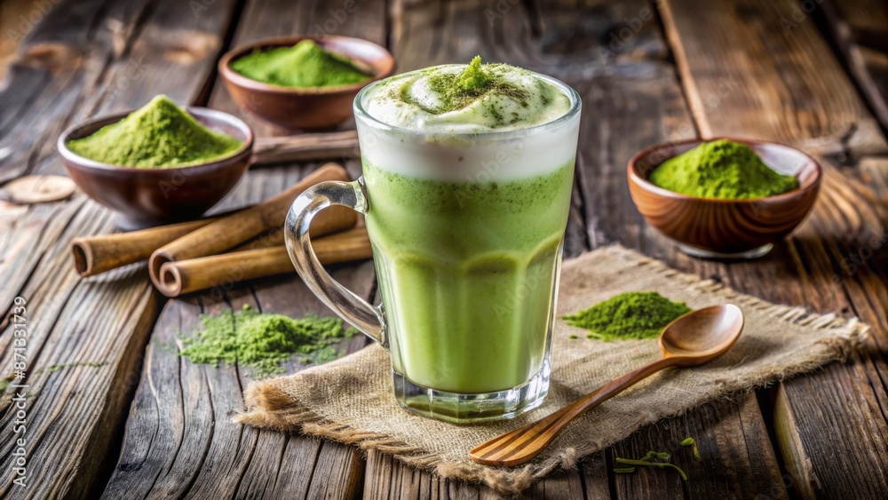 Frothy green iced matcha latte in a transparent cup, garnished with powdery matcha dust, on a rustic wooden background.