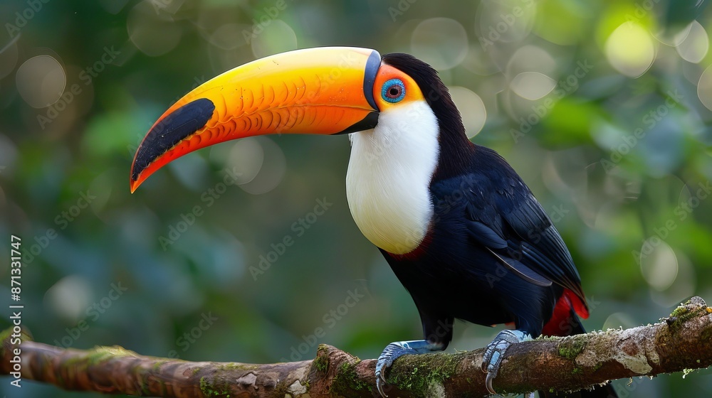 colorful toucan perched on a branch in the rainforest, its bright plumage standing out against the green backdrop of the forest Generative AI colorful toucan perched on a branch in the rainforest, its bright plumage standing out against the green backdrop of the forest Generative AI