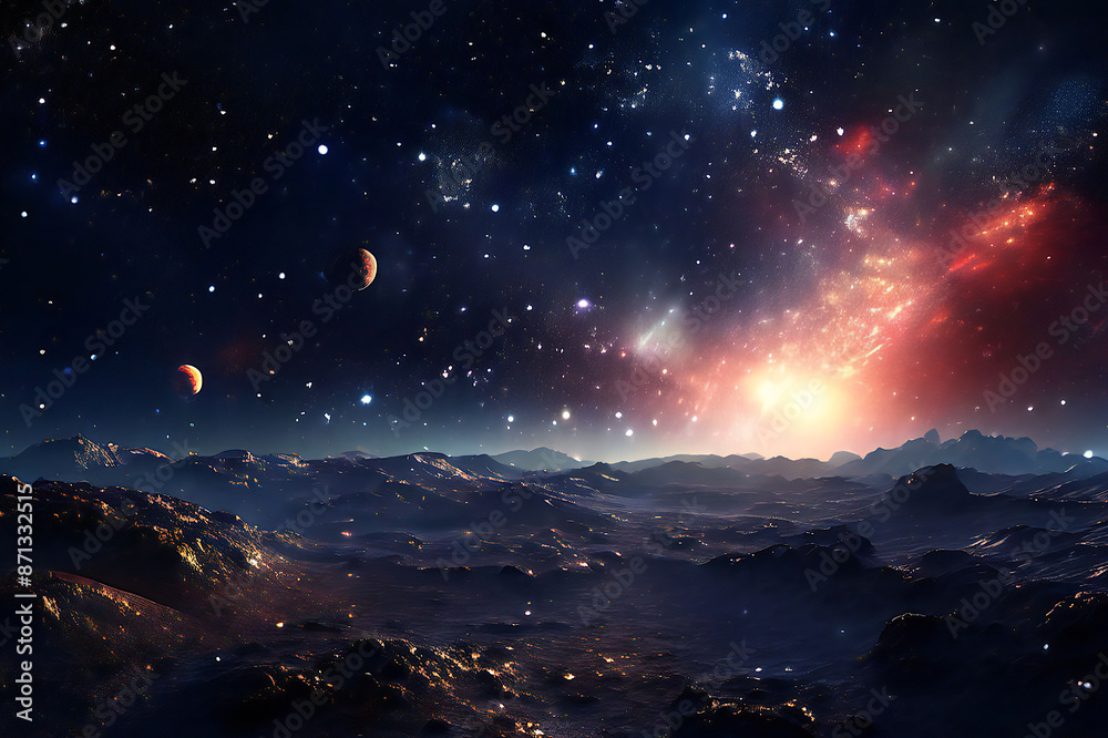 Fototapeta premium Star field in space over a planet surface.