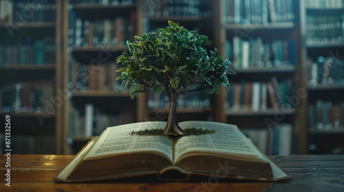 Photo of a book leaves the page open, a trees grow from a book, library background, Generative AI