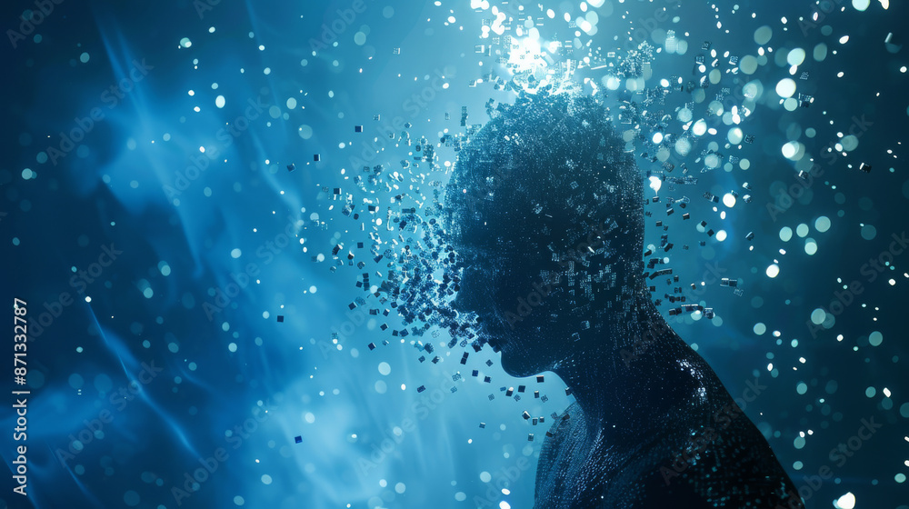 An abstract image of a human-shaped figure dissolving into cubes against a blue background, symbolizing the fusion of human essence with digital fragmentation. An abstract image of a human-shaped figure dissolving into cubes against a blue background, symbolizing the fusion of human essence with digital fragmentation.