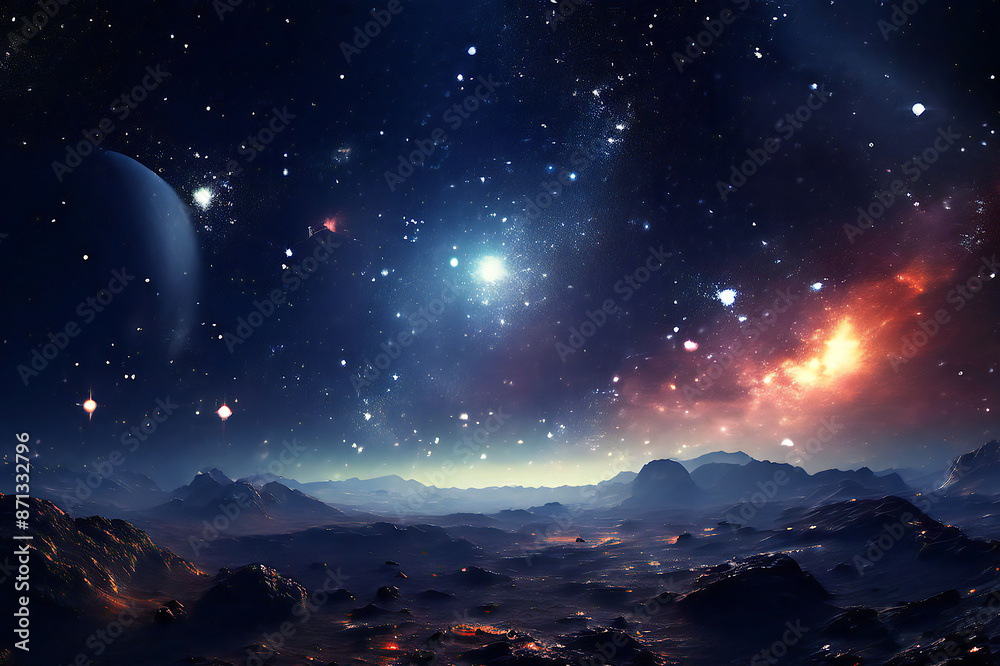 Fototapeta premium Star field in space over a planet surface.