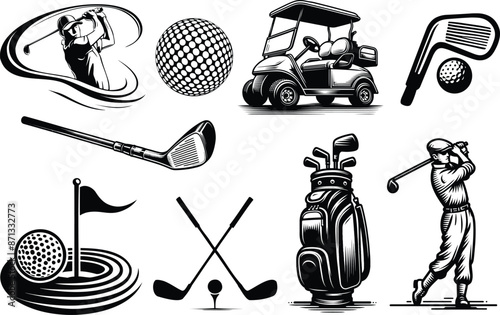 Set of golf elements, golf cart, ball, bag, golfer and accessories, vector Illustration.