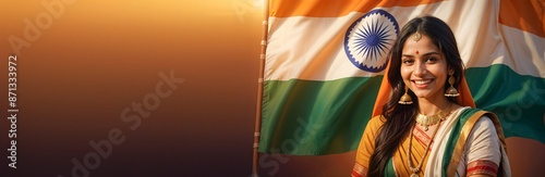 Web Banner India independence day isolated Beautiful young Indian woman against the flag of India photo