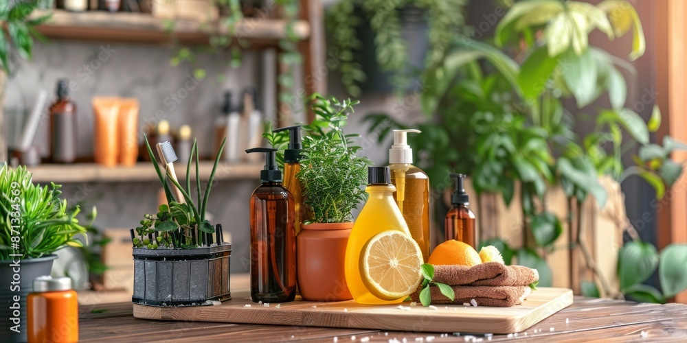 Natural Beauty Products with Lemon and Green Plants