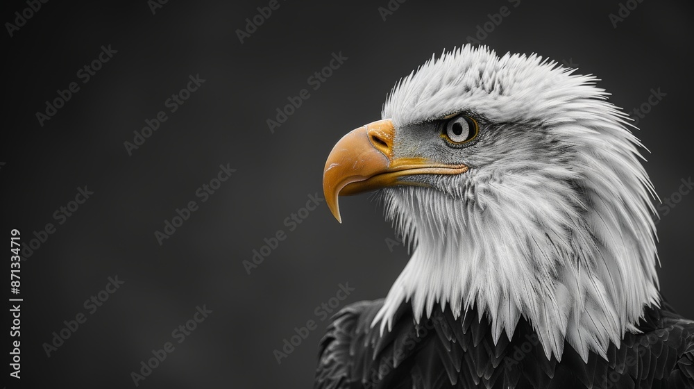 Close-up of a bald eagle in black and white with orange beak, wildlife photography concept