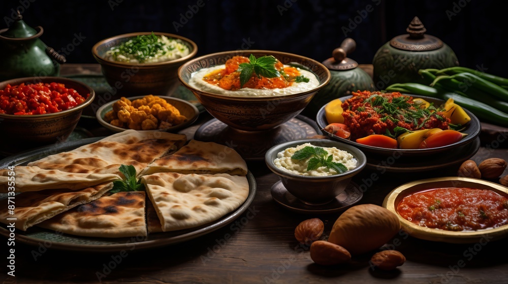 Traditional middle eastern feast with hummus, falafel, and pita bread on a rustic wooden table, featuring vibrant colors and authentic arabic cuisine
Traditional middle eastern feast with hummus, falafel, and pita bread on a rustic wooden table, featuring vibrant colors and authentic arabic cuisine