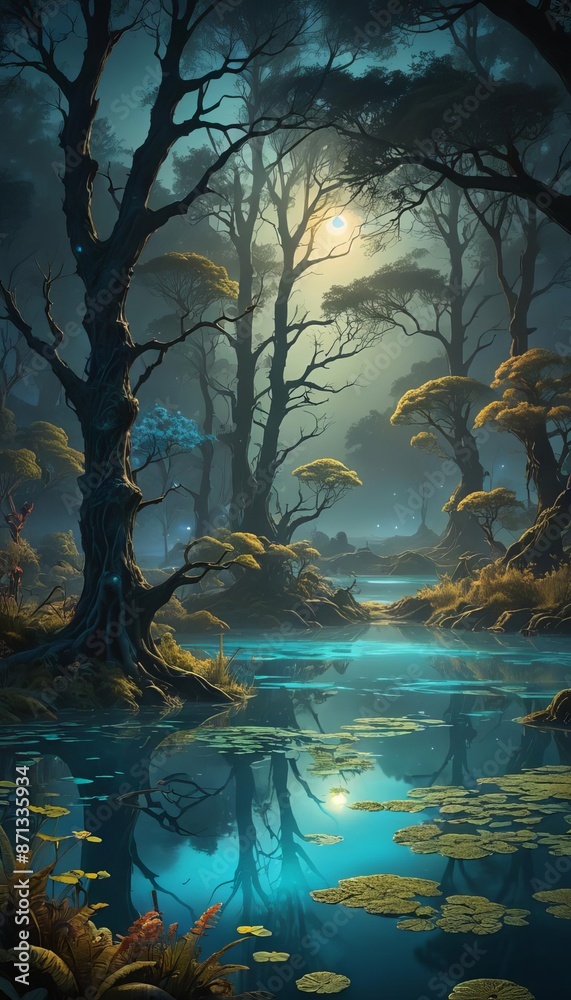 Fototapeta premium A swampy landscape with lily pads growing in the water. 