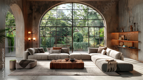 Modern living room interior design with large arched window, sectional sofa, and minimalist decor. Contemporary home design with natural light.