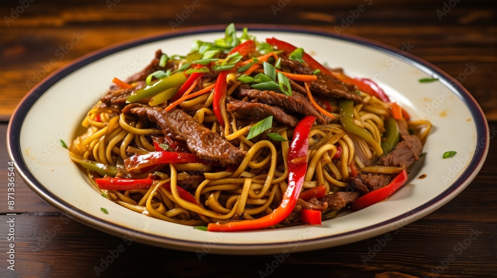 Asian stir-fried noodles with beef, peppers, and onions in a flavorful soy sauce glaze, vibrant and colorful pan-cooked dish showcasing a delicious blend of textures and flavors, perfect for asian cui Asian stir-fried noodles with beef, peppers, and onions in a flavorful soy sauce glaze, vibrant and colorful pan-cooked dish showcasing a delicious blend of textures and flavors, perfect for asian cui