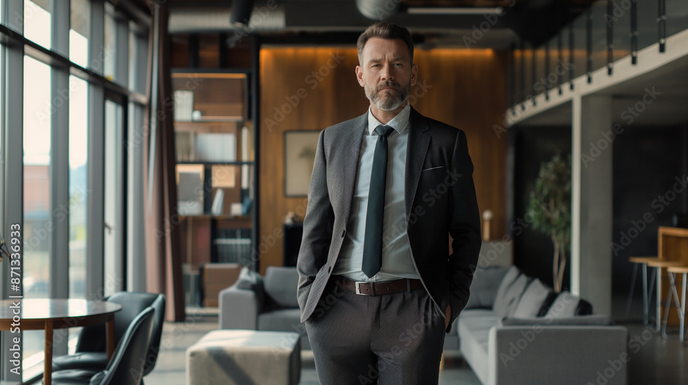 businessman standing in modern office looking at camera businessman standing in modern office looking at camera