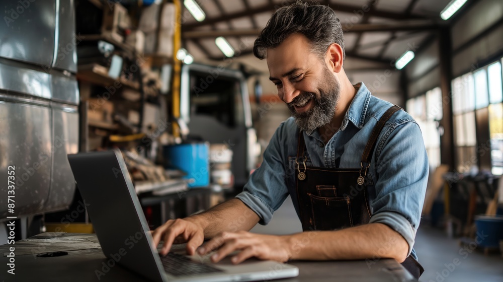 Mechanic Smiling While Searching on Computer Mechanic Smiling While Searching on Computer
