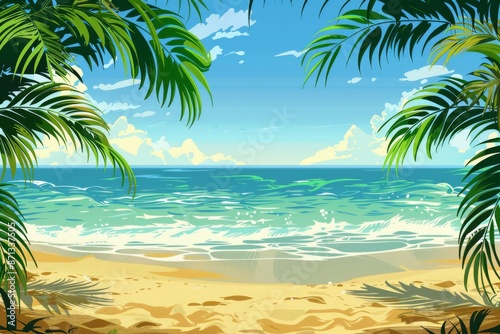 Tropical Beach View Through Palm Leaves