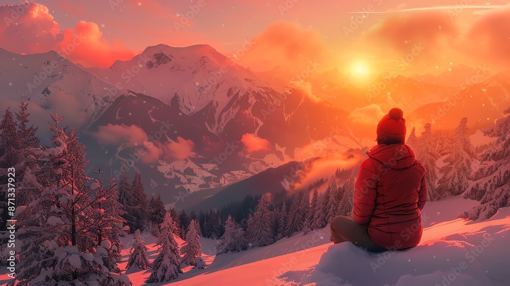 A person enjoys a breathtaking sunset from the summit of a mountain. A person enjoys a breathtaking sunset from the summit of a mountain.
