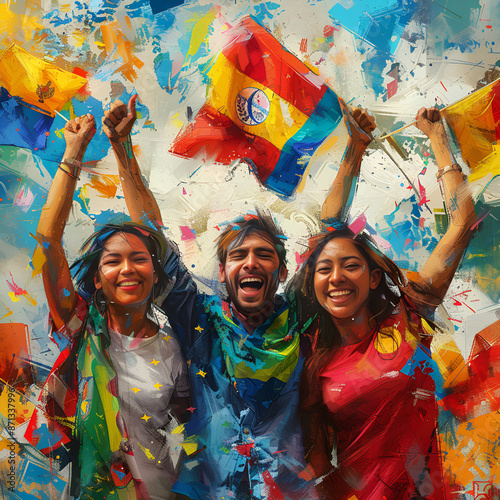  Three people proudly holding Spanish flags against a vibrant backdrop.