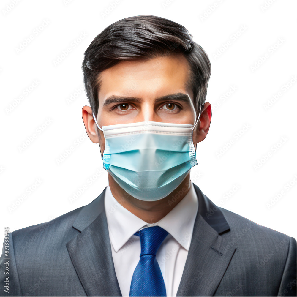 Businessman wearing light blue mask portrait isolated on transparent background Businessman wearing light blue mask portrait isolated on transparent background