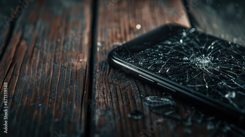 Close-up of a Broken Smartphone with Cracked Screen on a Wooden Surface