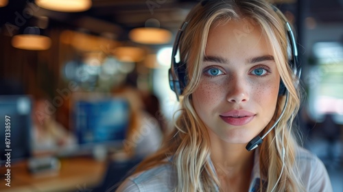 Call Center Operator: Young Blonde Woman in Headset Working with Colleagues in Office