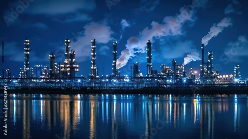 Night view of an oil refinery with lights and smoke. 