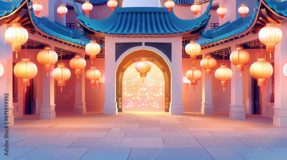 Obraz premium Chinese Temple Entrance with Lanterns.