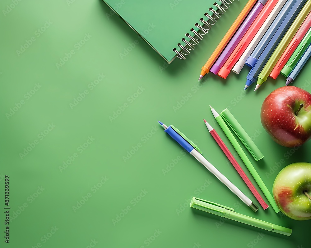 Naklejka premium School Supplies Arranged on Green Background