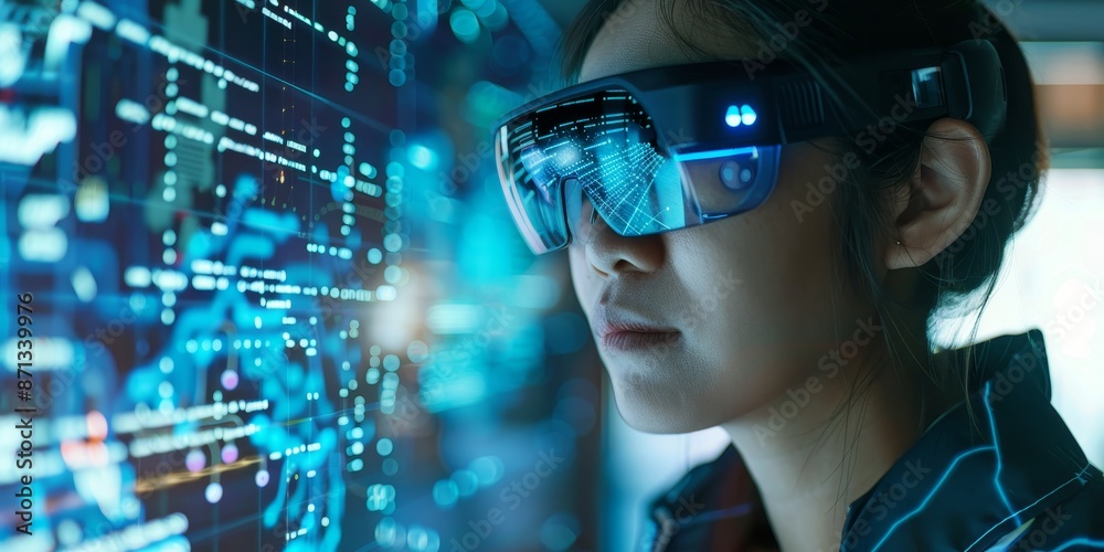 A person using augmented reality glasses, experiencing digital information overlaid on the real world A person using augmented reality glasses, experiencing digital information overlaid on the real world