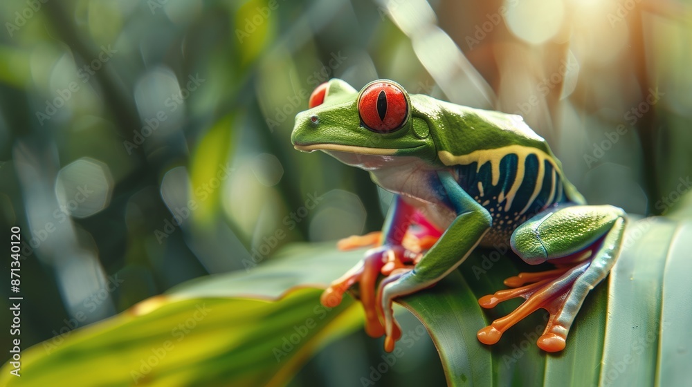 Fototapeta premium Colorful red-eyed tree frog on tropical leaf, close-up. Wildlife and nature concept