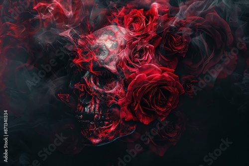 Skull and Roses in a Red and Black Smoke
