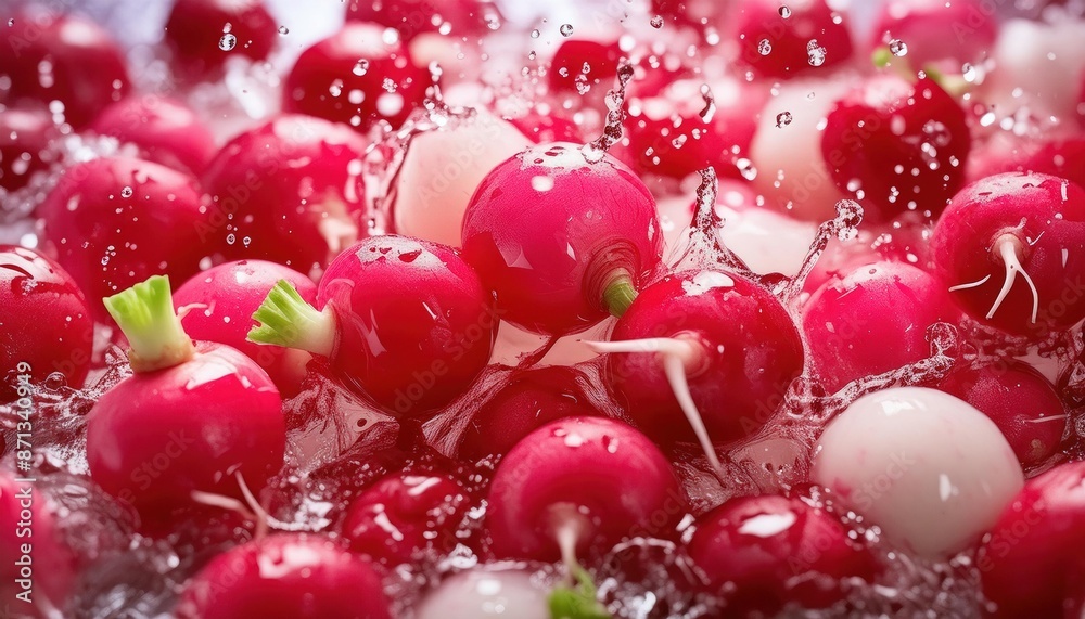 Fresh Red Radishes Splashing in Water Fresh Red Radishes Splashing in Water