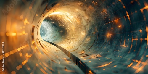 Abstract three dimensional rendering of geometric surfaces lines and points in a tunnel like grid