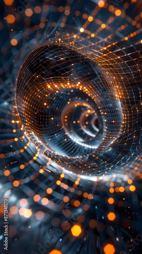 Abstract three dimensional rendering of geometric surfaces lines and points in a tunnel like grid