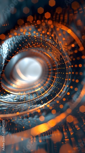 Abstract three dimensional rendering of geometric surfaces lines and points in a tunnel like grid